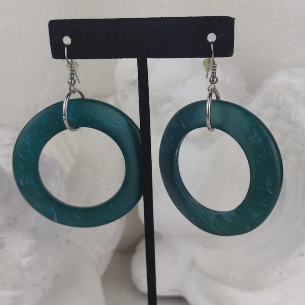 Rich Teal Silver Tone Wooden Hoop Dangle Earrings